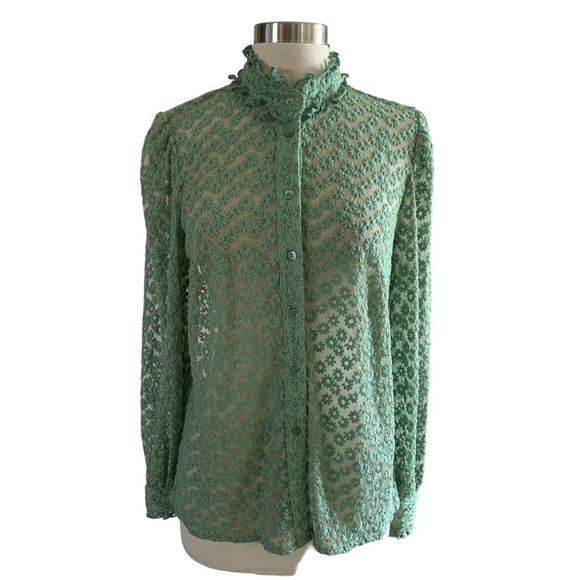 FRNCH NWT Celita Sauge Blouse Sheer Green With Floral Embroidery Throughout - Picture 1 of 11